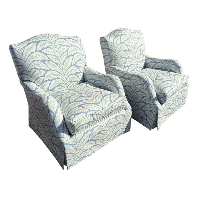 English Rolled Arm Chairs Reupholstered in Brunschwig & Fils Talavera Fabric- A Pair For Sale