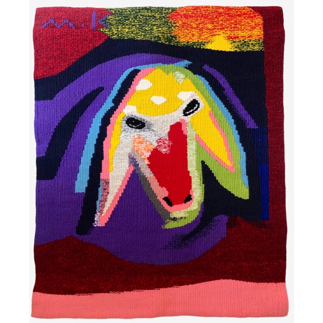 Menashe Kadishman, Israeli Hand Woven Colorful Wool Tapestry Weaving Menashe Kadishman Sheep Head For Sale - Image 14 of 14