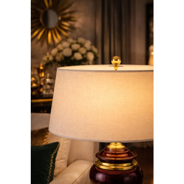 Hollywood Regency Eggplant & Brass Table Lamp With New 17” Shade For Sale - Image 11 of 12