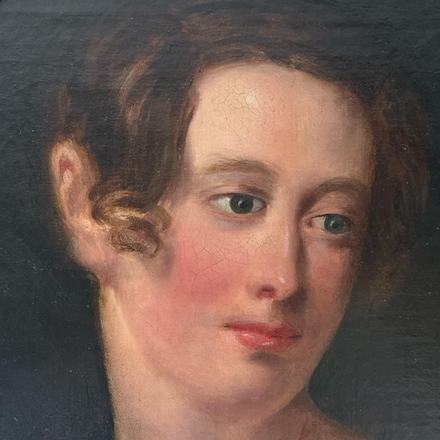English 19th Century Oil on Canvas English School Portrait of a Lady – Gilt Oval Frame For Sale - Image 3 of 7