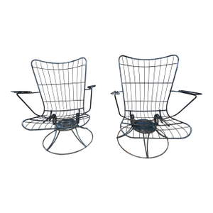 Vintage Mid-Century Modern Black Wire Swivel Rocker Lounge Chairs - Set of 2