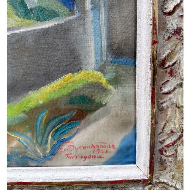 Mid-20th century modernist oil painting of the ancient garden of Gethsemane, with olive trees behind a protective wall and...