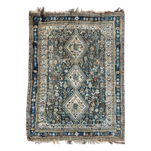 Vintage Shiraz Village Life with Coastal Color Palette Rug - 5 x 6.9 For Sale
