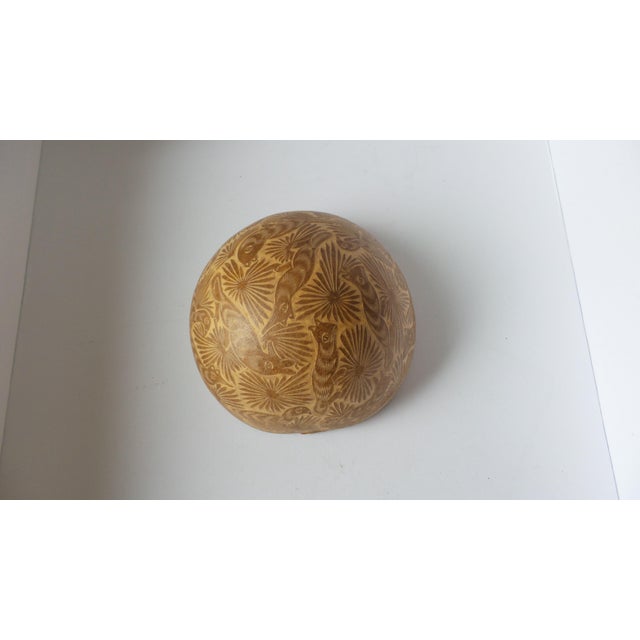 A half gourd hand carved with animal motif. Attributed to Oaxaca, Mexico.