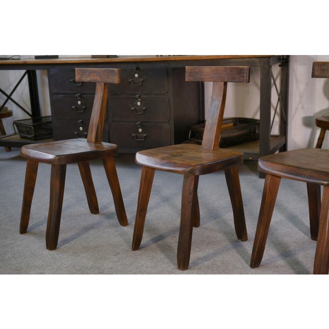 Brutalist T Chairs in Elm from Aranjou, 1960s, Set of 4 For Sale - Image 9 of 10