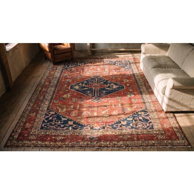 Stunning Red-Raspberry Background Color With Oncentric Hexagonal Medallion Pattern Antique Persian Serapi Rug For Sale - Image 10 of 11