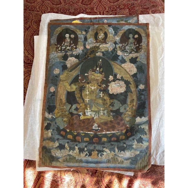 Hand-painted Tibetan thangka-style devotional painting on linen. Professional appraisal: hand-painted Tibetan thangka-...