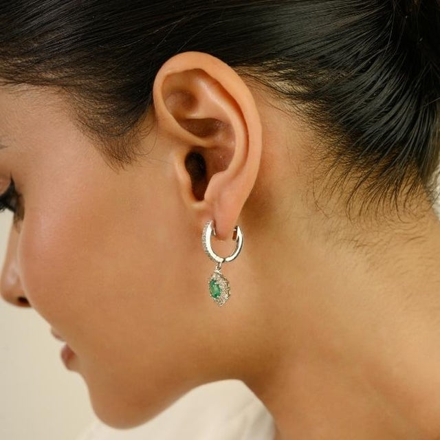 Metal 14k Gold 1.3 Ct Round Emerald Huggie Drop Earrings With Cluster Floral Diamonds- A Pair For Sale - Image 7 of 11