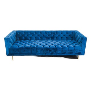 Blue Velvet Tufted 3-Seat Sofa With Gold Legs For Sale