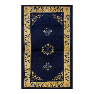 1920s Navy Blue Open Field Medallion Antique Chinese Peking Knotted Rug Carpet For Sale