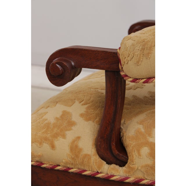 Pair French Oak Carved Wing Back Damask Chairs For Sale - Image 17 of 18
