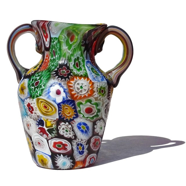 Murano Fratelli Toso Murano Antique Millefiori Flowers Mosaic Italian Art Nouveau Floral Pattern Glass Cabinet Vase For Sale - Image 4 of 8