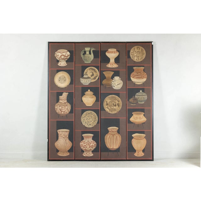 Four-Panel Screen with Painted Vessels and Plates in Brown and Black Tones For Sale - Image 4 of 11
