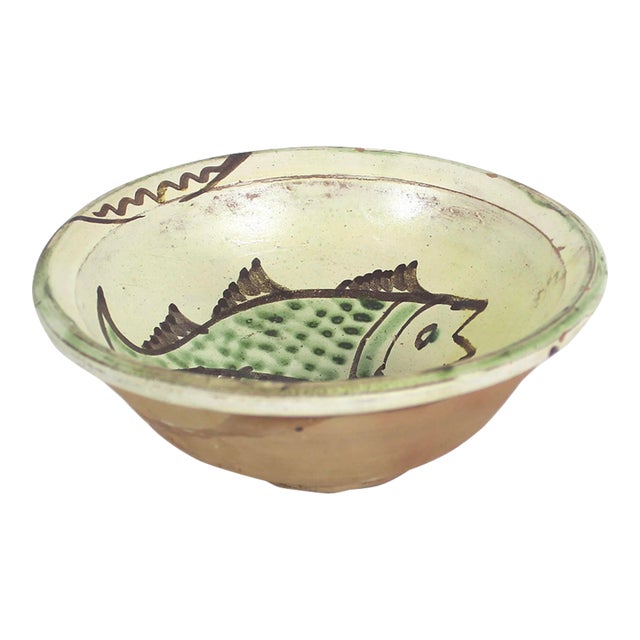 Vintage Clay Pottery Fish Bowl in the Style of Byzantine Half Glazed Ceramics For Sale