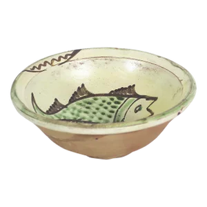 Vintage Clay Pottery Fish Bowl in the Style of Byzantine Half Glazed Ceramics