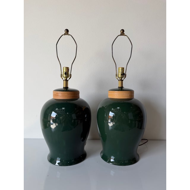 1980’s Vintage Green Glazed Ceramic and Rattan Table Lamps – A Pair For Sale - Image 11 of 12