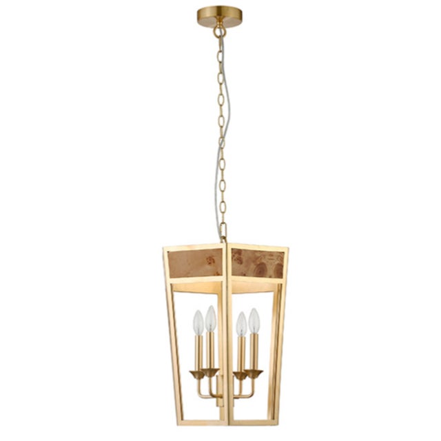 Worlds Away Matthew Izzo Home Ren Gold Metal Hexagon Lantern Style Pendant Light With Inset Burlwood For Sale - Image 4 of 7
