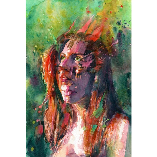 Blaze by Joanna Barnum | Watercolor on paper Portrait of a woman with colorful abstract background For Sale