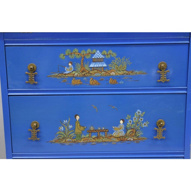 Wood Vintage Chinoiserie Blue Hand Painted Gold Gilt Narrow Bookcase Secretary Desk For Sale - Image 7 of 18