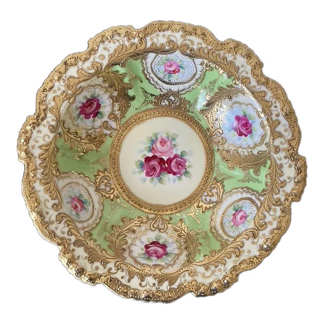 Early 20th Century Hand Painted Gold Nippon Green Floral Victorian Roses Porcelain Bowl, Japan For Sale