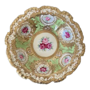 Early 20th Century Hand Painted Gold Nippon Green Floral Victorian Roses Porcelain Bowl, Japan