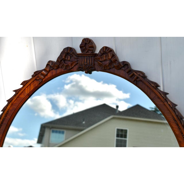 Satinwood Oval Wall Mirror Carved French Flower Basket Crest Decorative Frame For Sale - Image 10 of 15