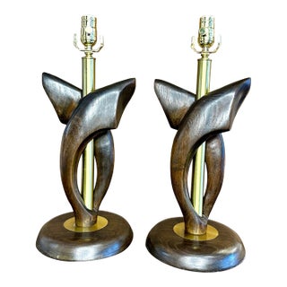 Tasha Heifetz Free Form Walnut and Brass Table Lamps- A Pair. For Sale