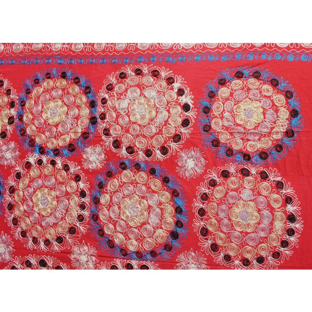Red Unusually Large Silk Embroidery Suzani With Soft Red & Beautiful Vivid Colors For Sale - Image 8 of 13