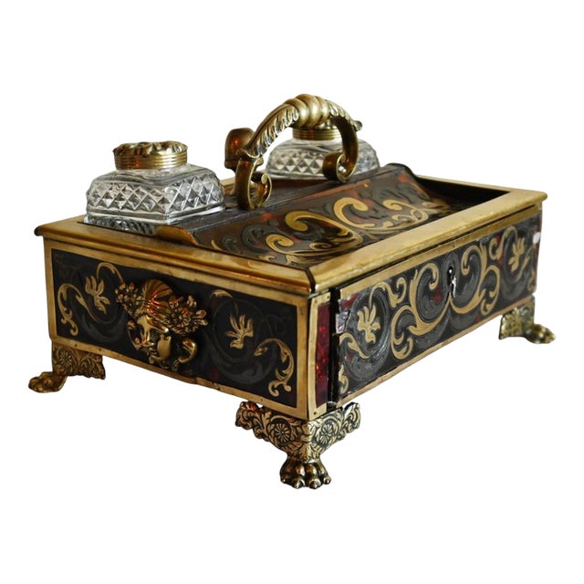 Antique French Boulle Desk Inkwell Standish Set, 1880 For Sale
