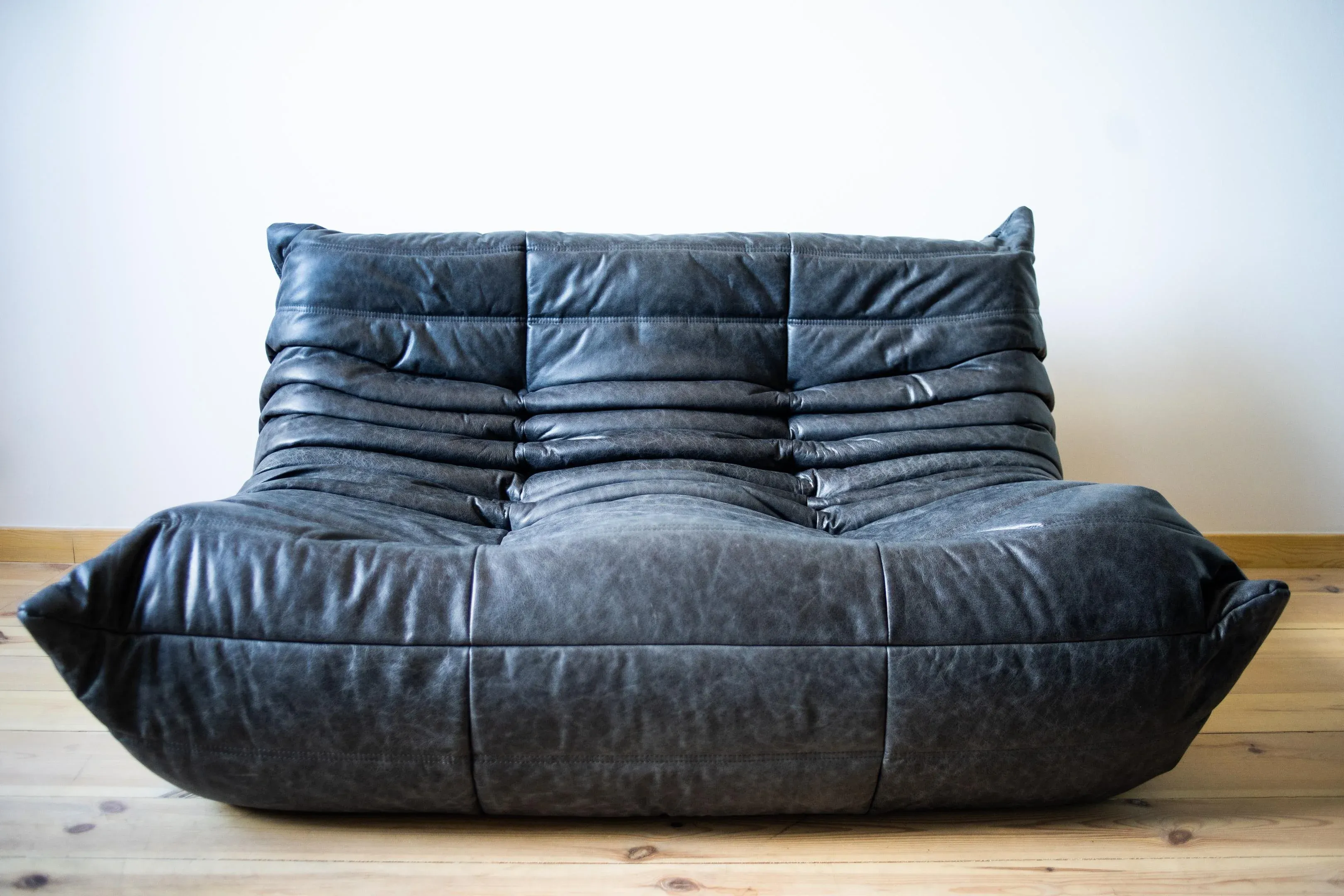 Black Leather 3-Seat Togo Sofa attributed to Michel Ducaroy for