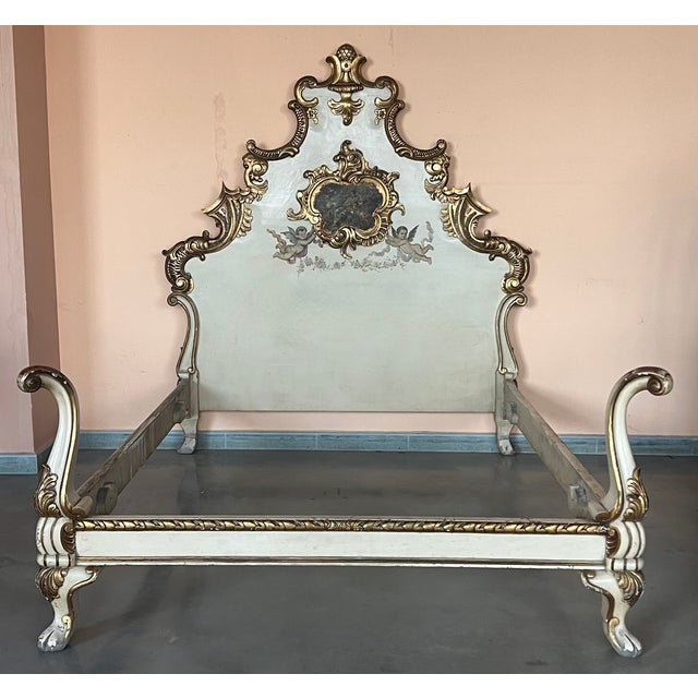 20th French Antique White and Giltwood Queen Bed with Original Painting We have matching nightstands Dimensions: Height:...