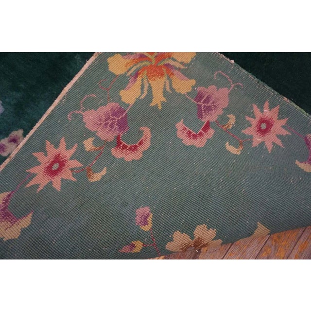 1920s Green Flowers Modern Antique Chinese Art Deco Carpet 8'9" X 11'6" Knotted Pile Wool Rug For Sale - Image 9 of 9