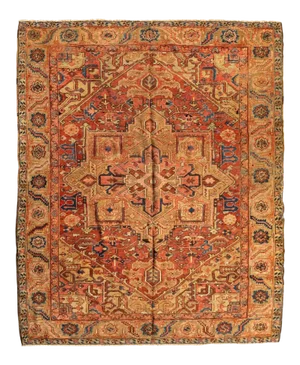 1900s Antique Persian Rust Navy Blue Tribal Geometric Square Heriz Rug