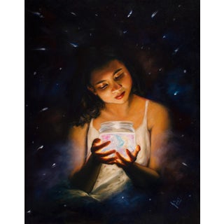 Pocket Full of Dreams by Tiffany Dae | Oil on ACM Girl holding a glowing jar in a dark setting. For Sale