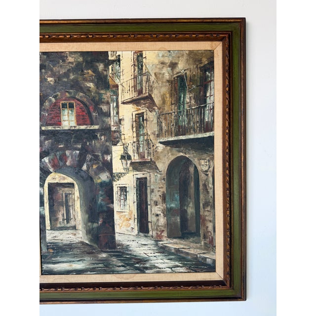 1970s Vintage Rustic European Street Scene Oil Painting on Canvas – Framed For Sale - Image 5 of 13
