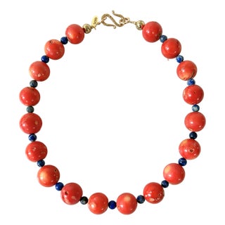 Coral and Lapis Beaded Necklace With Gold to Clasp Design by Matthew Izzo For Sale