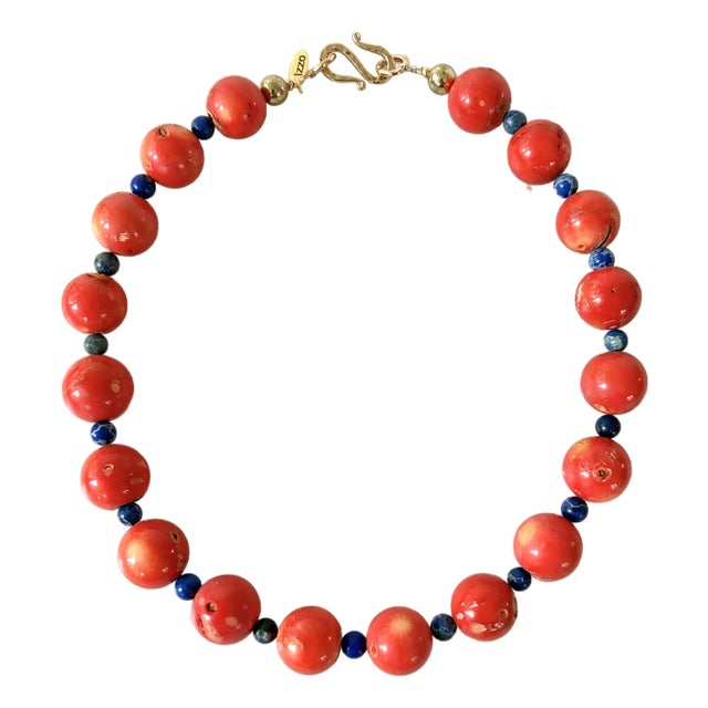 Coral and Lapis Beaded Necklace With Gold to Clasp Design by Matthew Izzo For Sale