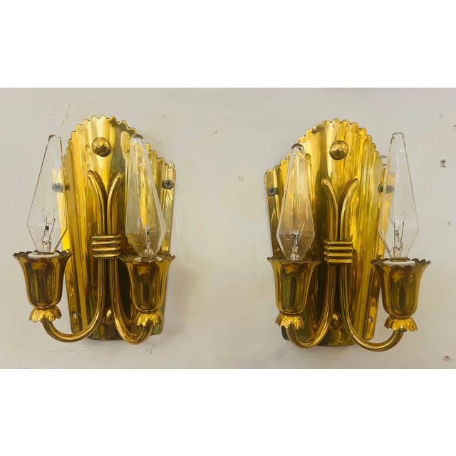 Metal 1960s Golden Brass Regency Italian Mid Century Wall Lamps - A Pair For Sale - Image 7 of 11