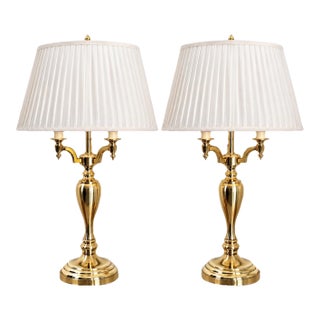 Vintage Tall Heavy Brass Three Arm Bouillotte Lamps With Creamy Off White Pleated Shades - a Pair For Sale