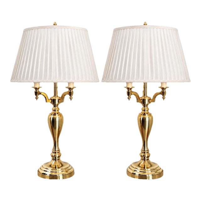 Vintage Tall Heavy Brass Three Arm Bouillotte Lamps With Creamy Off White Pleated Shades - a Pair For Sale