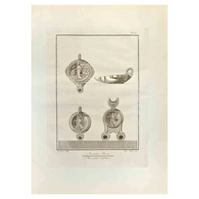 Vincenzo Segoni, Pompeian Style Oil Lamps, Etching, 18th Century For Sale