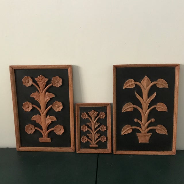 Wood Folk Art Floral Plants Carved Wood Wall Plaques - Set of 3 For Sale - Image 7 of 7