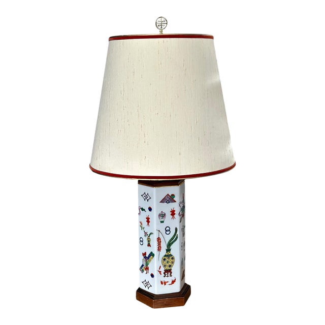 Vintage Chinese Porcelain Hexagonal Lamp With Famille Rose Motifs and Wood Accents For Sale