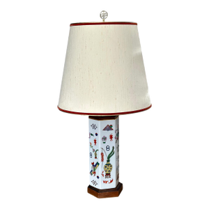 Vintage Chinese Porcelain Hexagonal Lamp With Famille Rose Motifs and Wood Accents