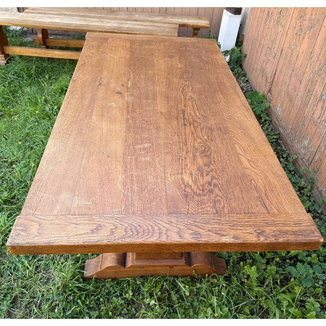 Farmhouse Table and Solid Oak Benches, Set of 3 For Sale - Image 5 of 13