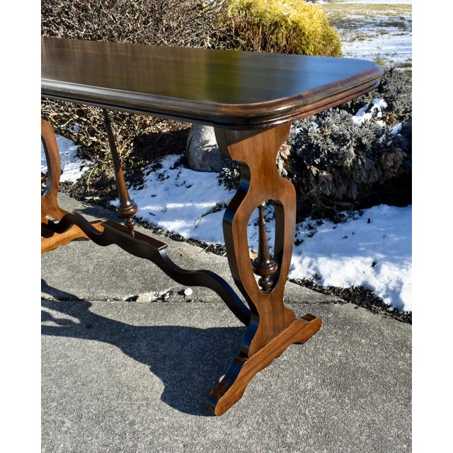 Walnut Jacobean Style Console Sofa Table Vintage 1950s Trestle Base 60 For Sale In Philadelphia - Image 6 of 13