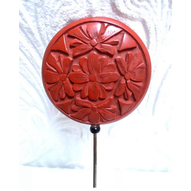 This is a rare antique carved Cinnabar Chinese hat pin hand-carved, a mineral used for centuries in Chinese art. The...