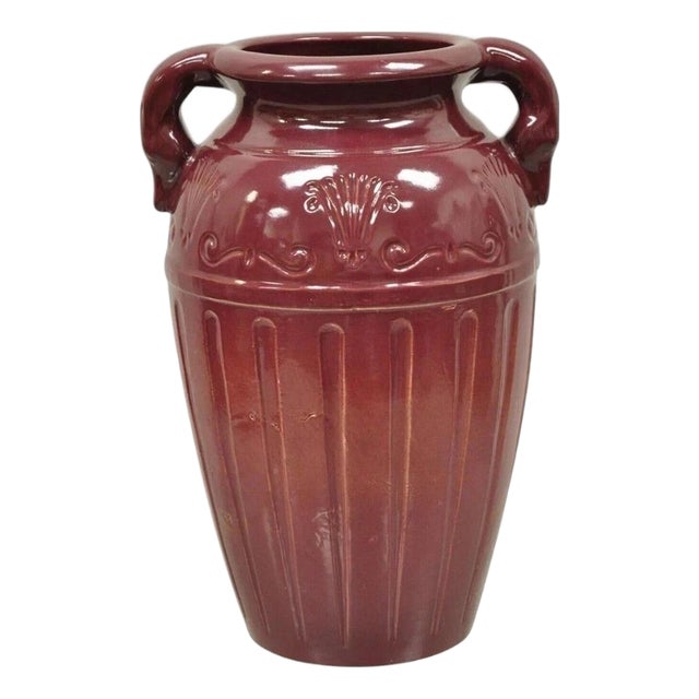 Antique r.r.p Co Roseville, Oh Red Stoneware Twin Handle 14" Red Jug Vase Vessel For Sale