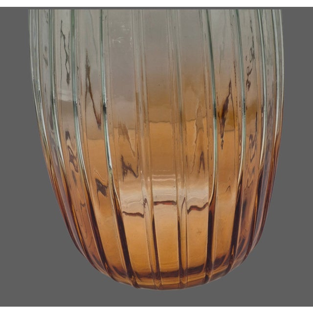 Mid-Century Modern Fluted Glass Vase Ombre Color Green at Top Amber-Orange at Base 10'' Tall For Sale - Image 3 of 8