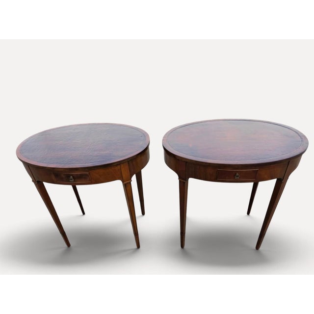 1920 English Sheraton Mahogany Leather Top Side/Sofa Tables, American Made. For Sale - Image 16 of 16